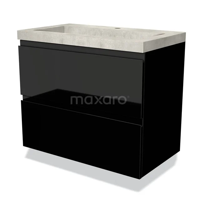 Zwart modern badkamermeubel met betonnen wastafel, strak ontwerp, twee lades en glanzende afwerking voor een stijlvolle badkamer.