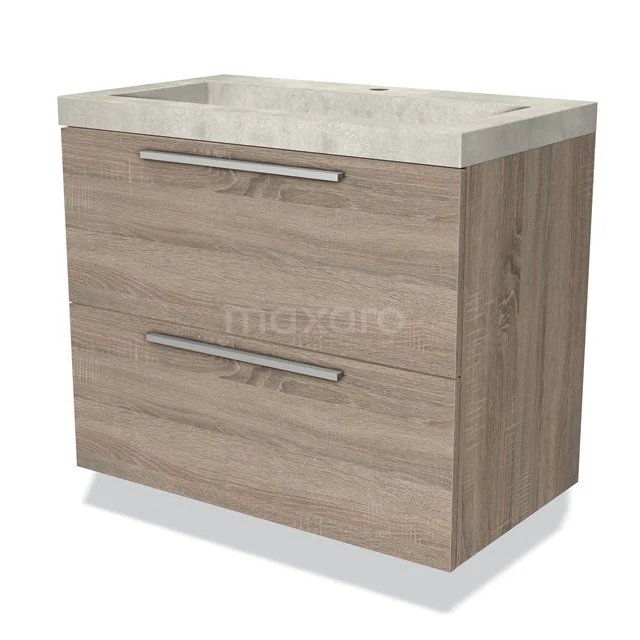 Wooden bathroom unit with two drawers, metal handles and a ceramic basin, perfect for a modern bathroom style.
