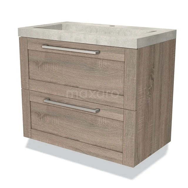 Houten badkamermeubel met twee lades, licht eiken afwerking, geïntegreerde wastafel van keramiek en slanke metalen handgrepen.