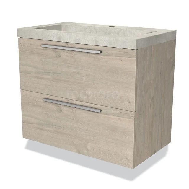 Houten badkamermeubel met twee brede lades, natuursteen wastafel en strak design, ideaal voor moderne badkamers.