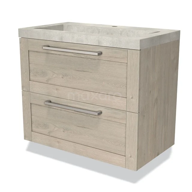 Houten badkamermeubel met twee lades en marmeren wastafel, modern ontwerp in licht eiken tinten.