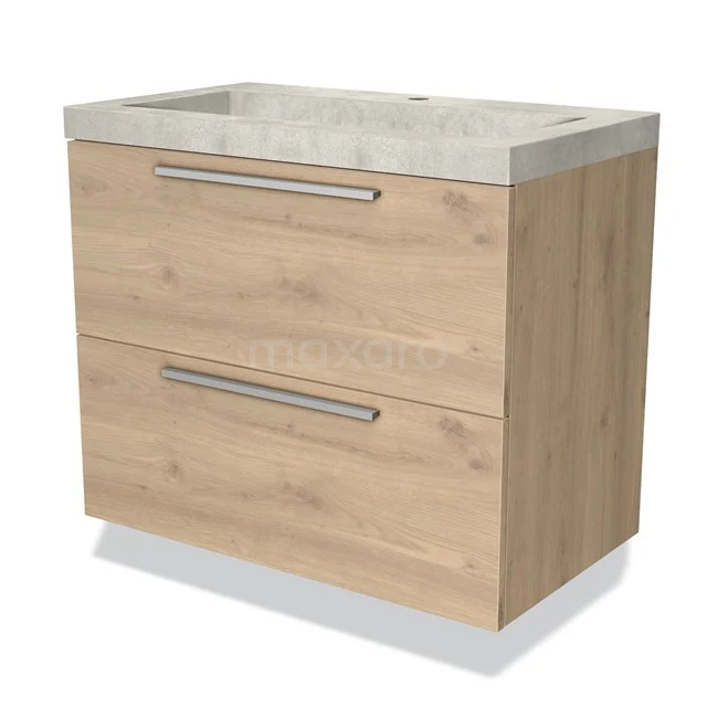 Houten badkamermeubel met twee lades, sierlijke grepen en geïntegreerde wastafel van natuursteen. Modern design.