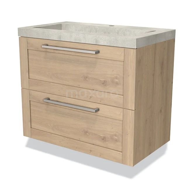 Houten badkamermeubel met twee lades, betonnen wastafelblad, modern design, ideaal voor een stijlvolle badkamer.