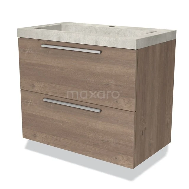 Houten badkamermeubel met twee lades en een wit wastafelblad; moderne look, ideaal voor stijlvolle badkameropslag.