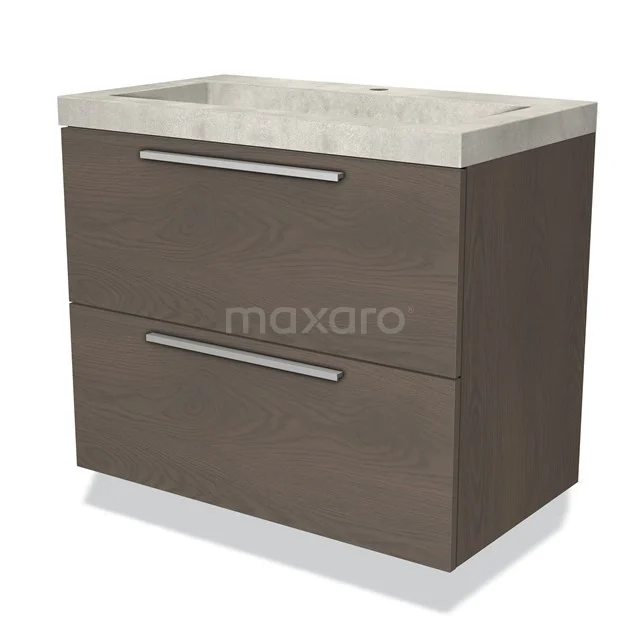 Moderne badkamermeubel met bruin houten afwerking, twee lades en een lichtgrijs wastafelblad van keramiek.
