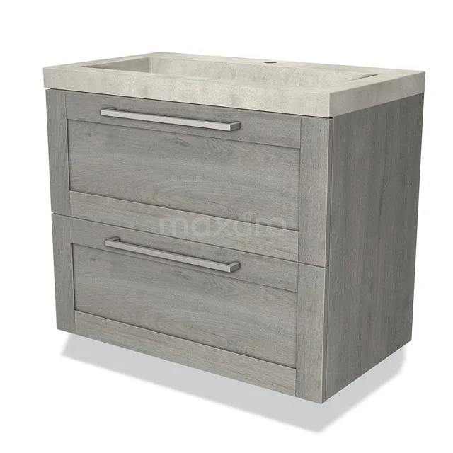 Houten badkamermeubel met twee lades, grijze afwerking, geïntegreerde wastafel en strak design voor een moderne badkamer.