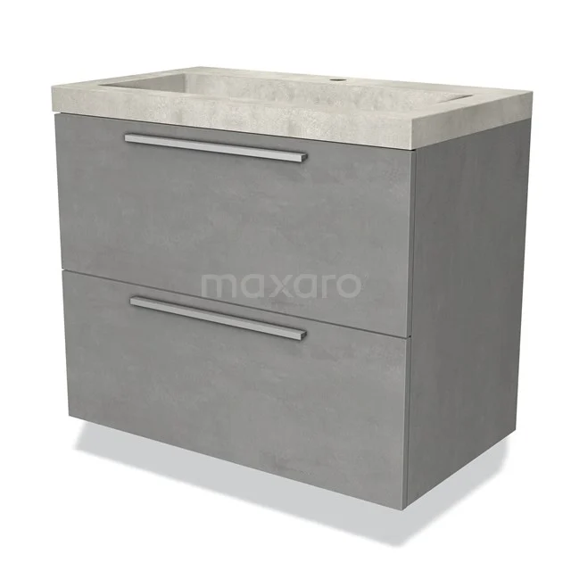 Grijze badkamermeubel met betonlook, twee lades, en een geïntegreerde wastafel voor een moderne badkamerstijl.
