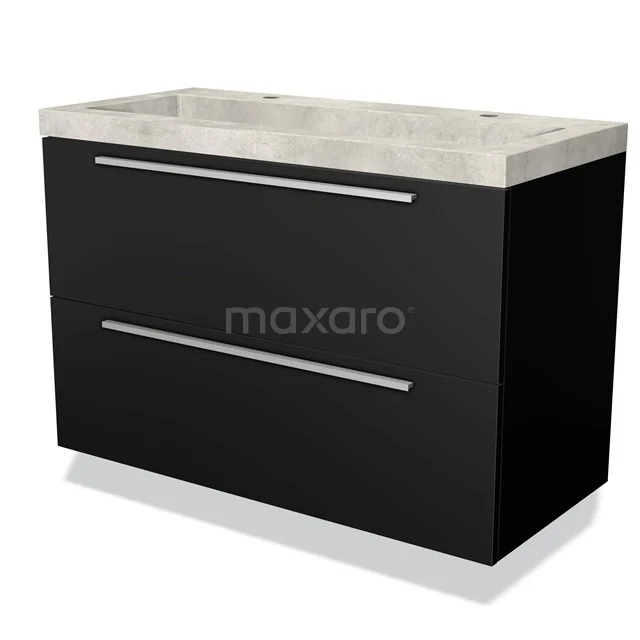 Schwarz Holz Badezimmermöbel mit zwei Schubladen und einem hellgrauen Waschbecken aus Naturstein, schlichtes und modernes Design.