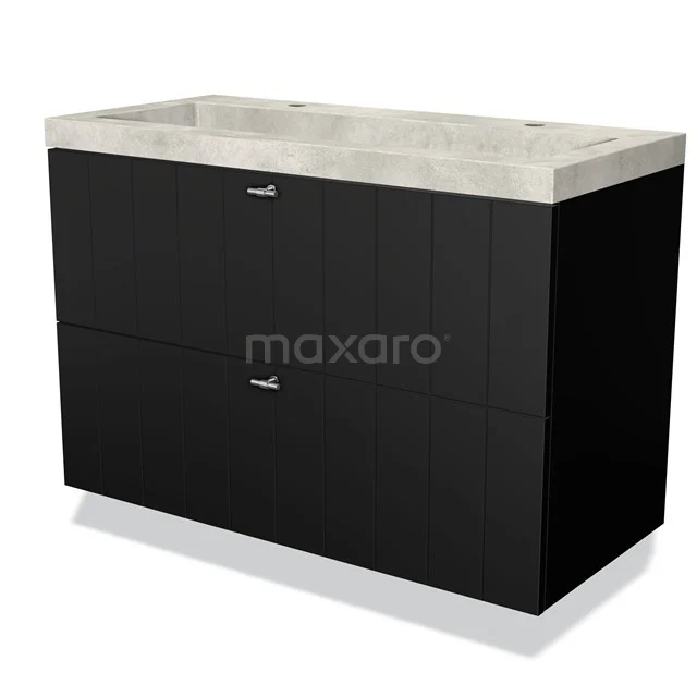 Zwarte badkamermeubel met twee lades en een betonnen wastafelblad, modern design, ideaal voor een stijlvolle badkamerinrichting.