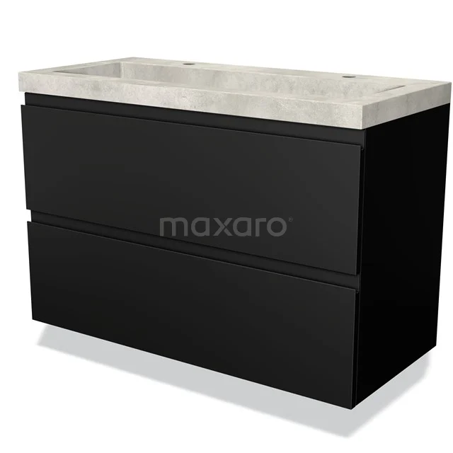 Zwarte badkamerkast met twee lades en een betonnen wastafel, modern design, ideaal voor stijlvolle badkameropbergoplossingen.