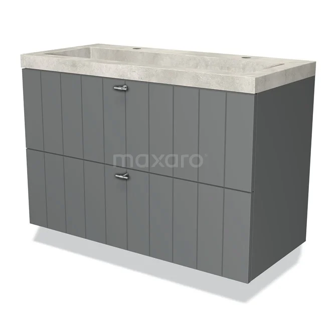Grijze badkamermeubelset met dubbele wastafel in betonlook, twee greeploze lades en modern design.