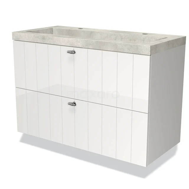 Badmöbel 100cm Modulo Hochglanz Weiß 2 Schubladen Laminat Waschbecken Beton Greige BMW17-02515 Weißes Badezimmermöbel mit zwei Schubladen und einer grauen Marmor-Waschtischplatte, modernes Design und nachhaltige Verarbeitung.