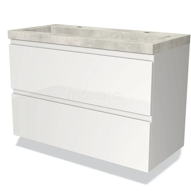 Weißes Badezimmermöbel mit Betonlook Waschbecken, zwei Schubladen und einem modernen Design, ideal für stilvolles Verstauen im Badezimmer.