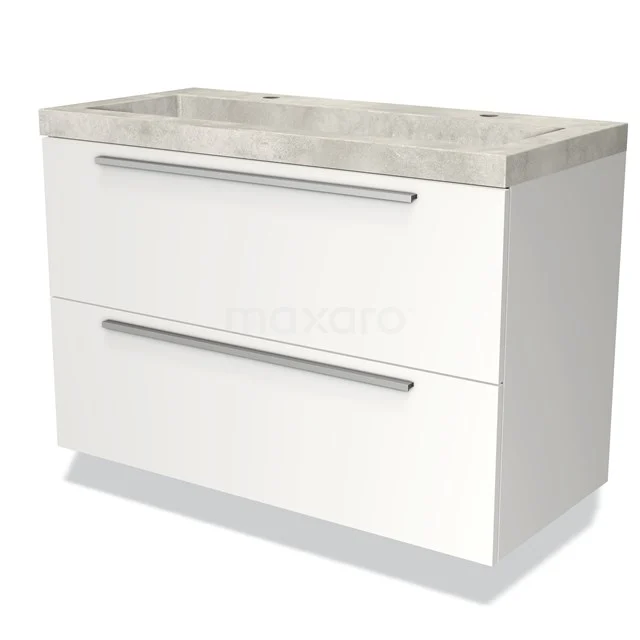 Wit badkamermeubel met twee lades en een marmeren wastafelblad, ideaal voor moderne badkamerinrichting.
