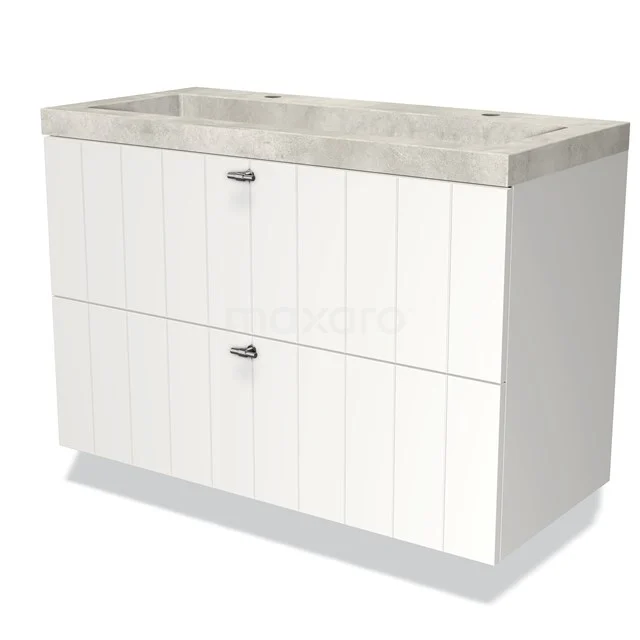 Wit badkamermeubel met twee lades en een grijsstenen wastafelblad, modern ontwerp, geschikt voor stijlvolle badkamers.