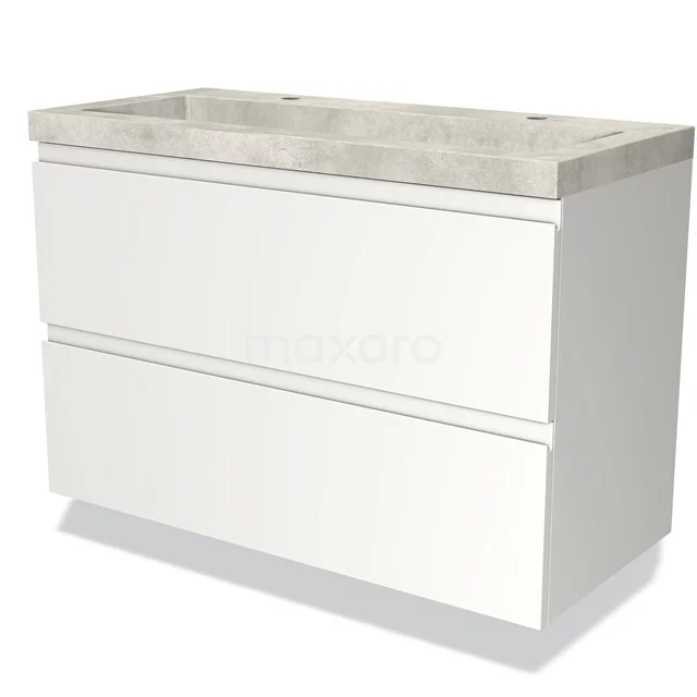 Weißes Badezimmermöbel mit 2 Schubladen und einer Betonlook Waschtischplatte, ideal für stilvolle und praktische Badezimmergestaltung.