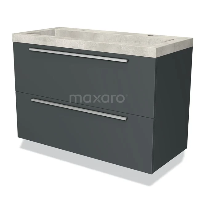 Grijs badkamermeubel met twee lades, betonlook wastafelblad en strakke metalen handgrepen, ideaal voor moderne badkamers.