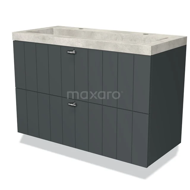 Grijze dubbele badkamermeubelset met verticale panelen, ruime lades en een betonlook wastafel voor een moderne badkamerstijl.
