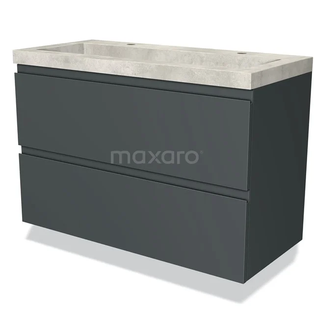 Dark grey bathroom furniture set with concrete basin worktop, modern design and clean lines, ideal for a stylish bathroom.