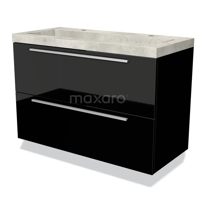 Schwarzes Badmöbel mit Hochglanzoberfläche, zwei breiten Schubladen und einem marmorierten Waschbecken, modernes Design.