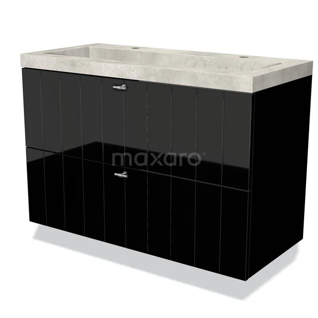 Modulo Bathroom furniture with sink | 100 cm High-gloss black Slat front Concrete 2 Stacked drawers BMW17-02524 Black bathroom unit with vanity units with basin in concrete look, modern design, high-gloss finish and chrome handles.