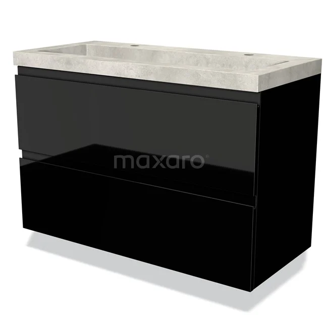 Black vanity unit with modern concrete-look sink, ideal for a stylish and functional bathroom design.