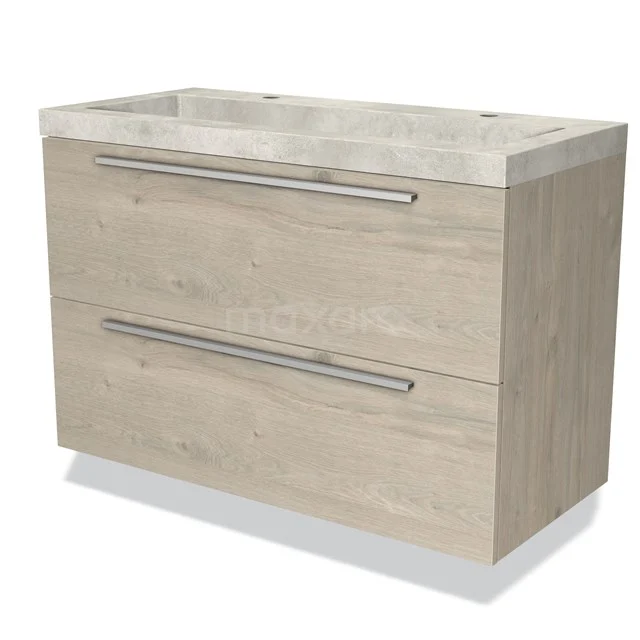 Moderne Holz-Badmöbel mit zwei Schubladen, heller Eiche-Oberfläche und Marmorlook Waschbecken für eine stilvolle Badezimmergestaltung.