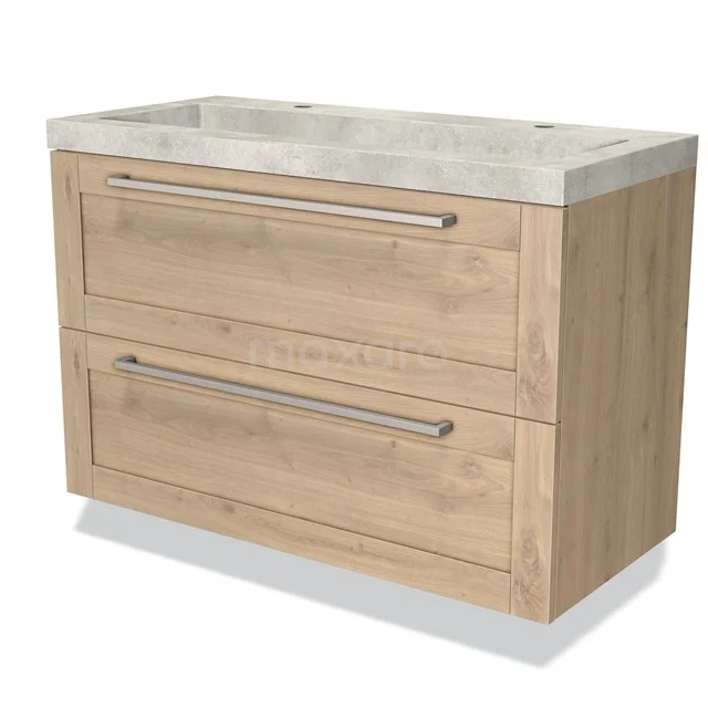 Houten badmeubel met twee lades, metalen handgrepen en marmeren wastafel, perfect voor een moderne badkamer inrichting.