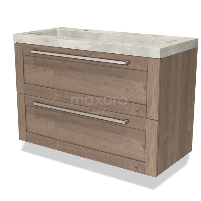 Houten badkamermeubel met twee lades en een marmeren wastafel, ideaal voor stijlvolle en praktische badkameropslag.