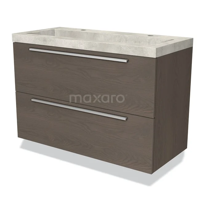 Wooden bathroom unit with double drawers, modern handles and a ceramic basin in grey shades.