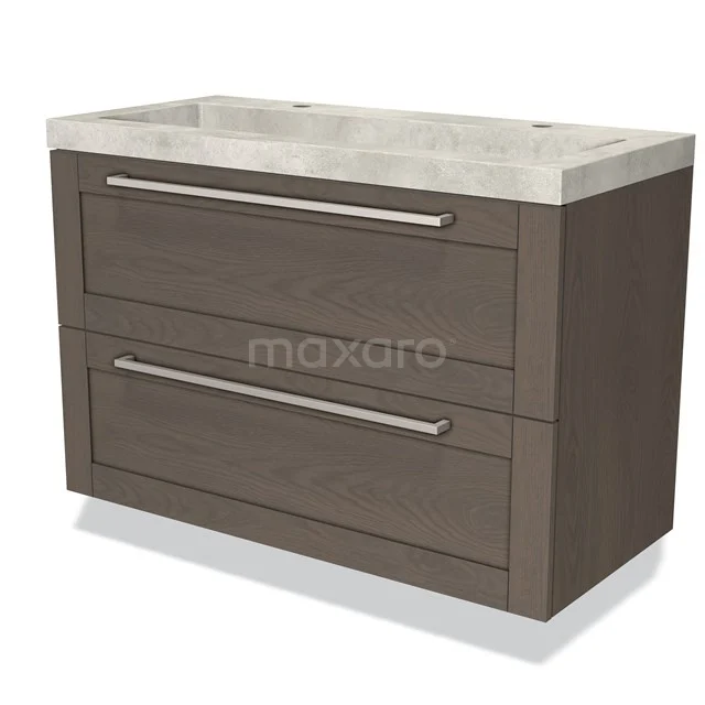 Houten badmeubel met dubbel wastafelblad, twee lades en strak design, ideaal voor moderne badkamers.