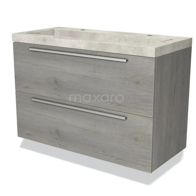 Grijze houten badkamermeubel met 2 lades, betonlook wastafel en strakke handgrepen, ideaal voor een moderne badkamerstijl.