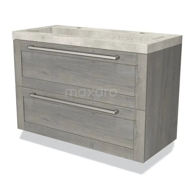 Grijs houten badkamermeubel met twee lades, moderne uitstraling en marmeren wastafelblad voor een stijlvolle badkamer inrichting.