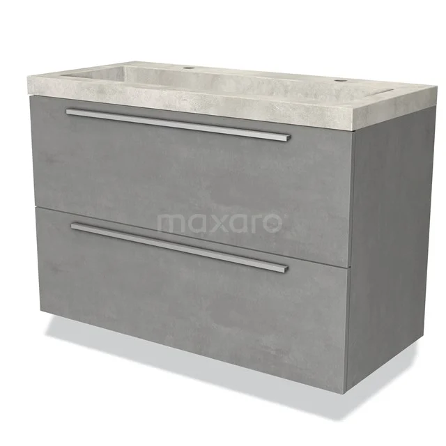 Grijze badkamermeubelset met betonlook, twee lades en een dubbele wastafel; modern design voor een stijlvolle badkamer.