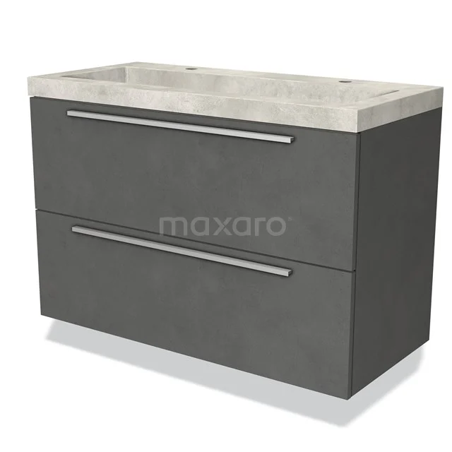 Grijze badkamermeubelset met dubbel betonnen wastafelblad, strakke lades en metalen handgrepen, modern en minimalistisch design.