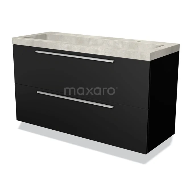 Zwarte badmeubel met twee lades, RVS handgrepen en een lichtgrijze wastafel; modern design voor stijlvolle badkamers.