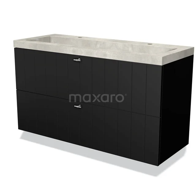 Zwart badkamermeubel met dubbele wastafel, betonlook bovenblad en strakke ladenset; modern design voor stijlvolle badkamers.