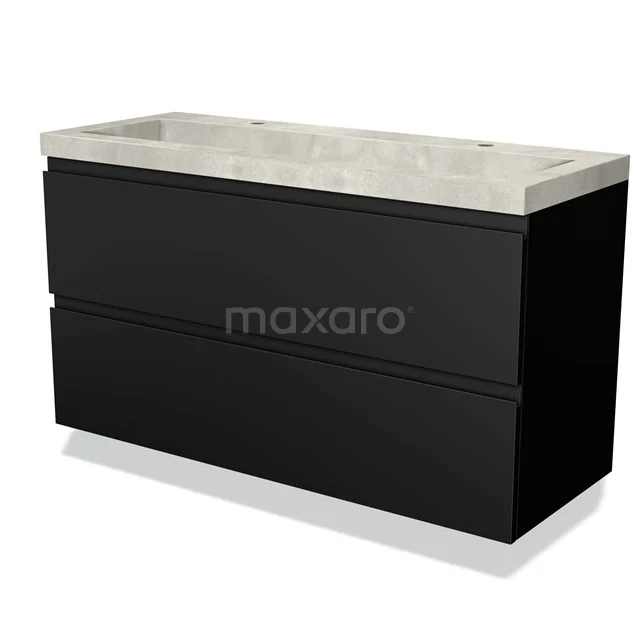 Zwarte badmeubelset met twee lades, betonlook wastafelblad. Modern badkamerdesign voor stijlvolle opbergoplossing.