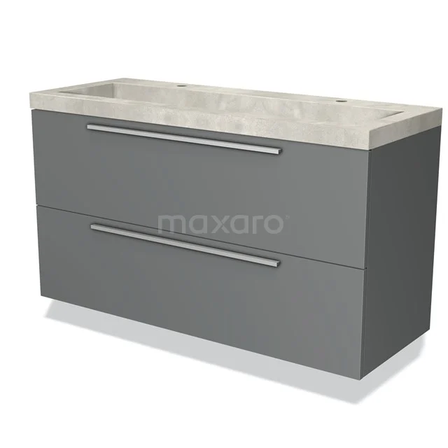 Grey vanity set with a concrete-look basin, modern design and two spacious drawers, perfect for a stylish bathroom.