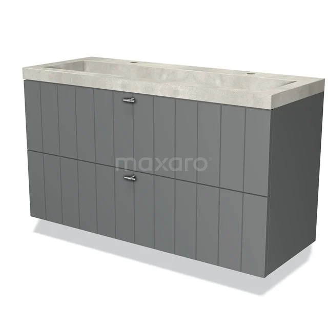 Graue Badmöbel mit zwei Schubladen, marmoriertem Waschbecken und modernem Rillen-Design. Perfekt für stilvolle Badezimmerrenovierungen.