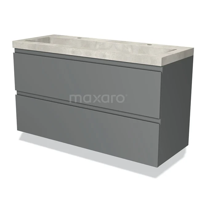 Grijze badkamermeubel met twee lades, betonlook wastafelblad en moderne afwerking. Perfect voor een stijlvolle badkamer.