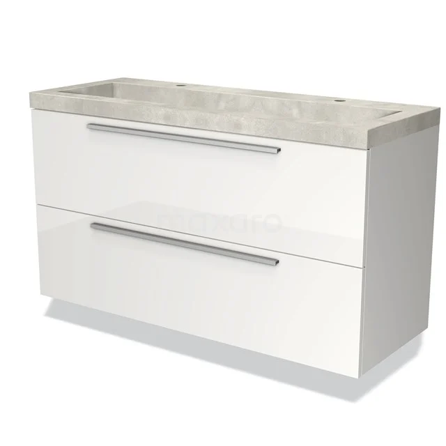 Wit badkamermeubel met twee lades, chroom handgrepen en een natuursteen wastafelblad. Modern design en ruim opbergvak.