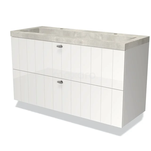 Wit badkamermeubel met dubbele lades, houtaccent en een natuurstenen wastafel, ideaal voor een moderne badkamerstijl.