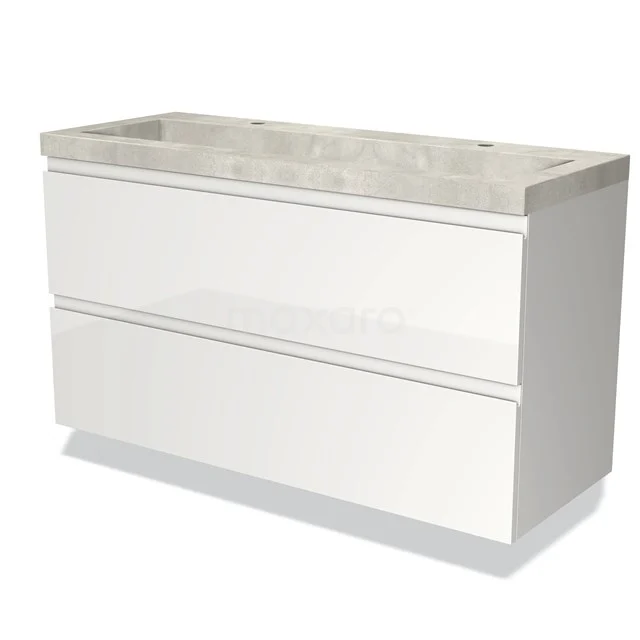 Wit badkamermeubel met twee lades, marmerlook wastafelblad, strak design; ideaal voor moderne badkamerinrichting.