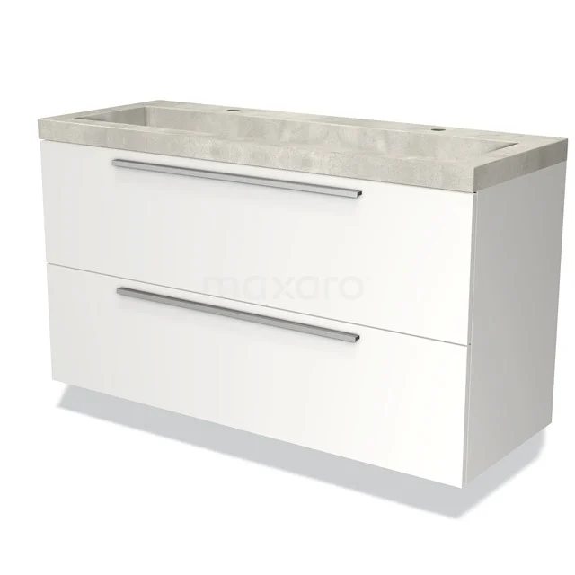 Witte badkamerkast met twee lades, metalen handgrepen en een licht marmeren wastafelblad, modern en ruim ontwerp.