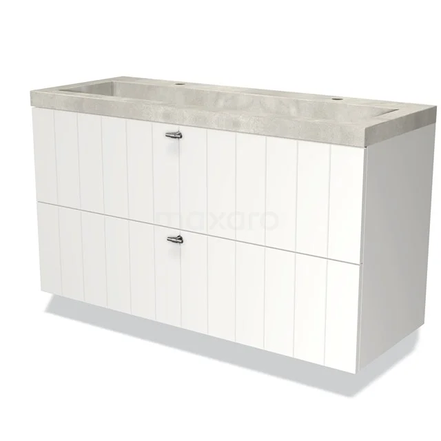 White, modern bathroom unit with double drawers and natural stone vanity units with basin, perfect for a stylish bathroom design.