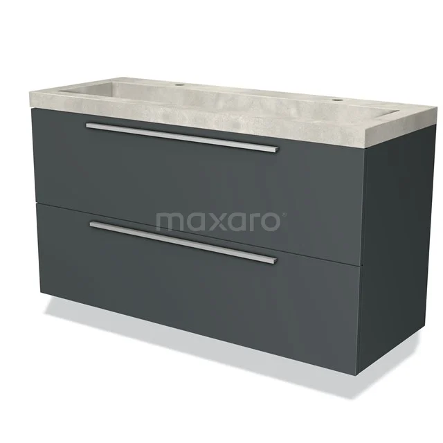 Dark grey bathroom unit with double drawers, silver handles and a luxurious natural stone basin worktop.