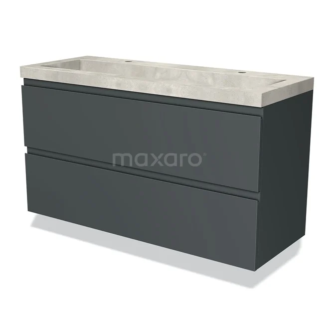 Antraciet wastafelmeubel met dubbele betonlook wastafel, strak design, ideaal voor moderne badkamers.