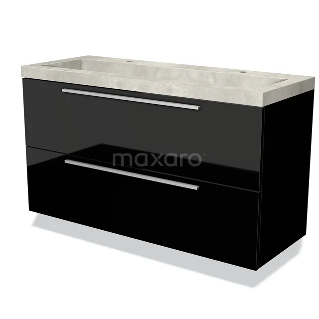 Zwarte badkamermeubelset met glanzende afwerking, twee lades en een lichte marmeren wastafel, modern design.