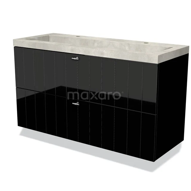 Modulo Vanity units with basin | 120 cm High-gloss black Slat front Concrete 2 Stacked drawers BMW17-02556 High-gloss black bathroom unit with double basin made of marble, modern design and spacious storage compartments.